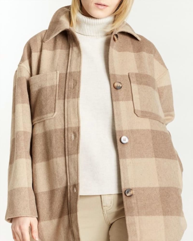 Front of a model wearing a size L Two Pocket Plaid Coat in Latte/Mocha in Latte/Mocha by Oat New York. | dia_product_style_image_id:341120